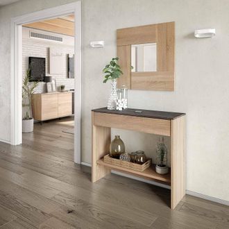 Dmora Mueble De Entrada Con Caj&oacute;n Y Espejo, Color Roble Con Detalle De Nogal, 92 X 149 X 33 Cm., Con Embalaje Reforzado - Dmora