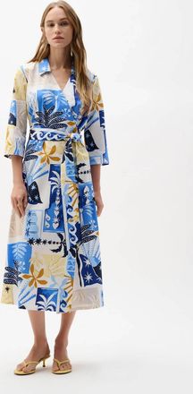 Joseph Ribkoff Stretch Cotton Tropical Print A-Line Wrap Dress In Vanilla/multi
