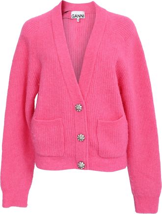 Ganni Ganni Knitted Crystal Buttoned Cardigan in Pink Wool
