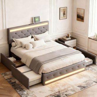 OEM Cama 140x190 Pocketpop Gris Oscuro - Cabecera Acolchada Led, 4 Cajones, Usb, Somier De Lamas