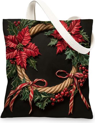 Generic Merry Christmas Western Canvas Tote Bag for Shopping 13x15, Fun Southwest Cowboy Lasso Xmas Reusable Grocery Print Bag for Women Men, Holiday New Year