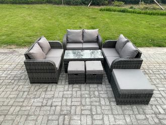 Fimous Outdoor Garden Furniture Sets 7 Pieces Wicker Rattan Furniture Sofa Sets with Rectangular Coffee Table Love seat Sofa 3 Footstools in Dark Grey