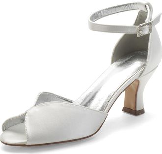 Generic Wedding Heels Low Heel Wedding Bridal Shoes Peep Toe Bridal Shoes Ankle Buckle Strap Satin Evening Party High Heels Sandals 6.5Cm,Ivory,10 UK