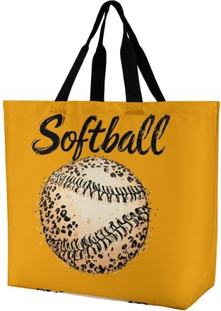 Generic Softball with Leopard Pattern Large Reusable Shopping Bag Lightweight Foldable Tote Bags Washable Shoulder Handbag