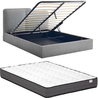 Vente-Unique Letto contenitore 140 x 190 cm - Velluto a coste - Grigio + Materasso - NAYOLA