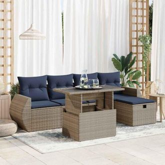 vidaXL Juego Sof&aacute; Jard&iacute;n 6 Piezas Con Cojines Gris Poli Rat&aacute;n Acacia Vidaxl