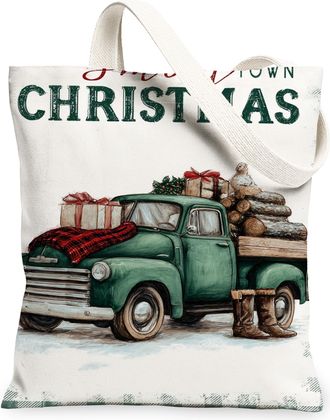 Generic Vintage Christmas Truck Canvas Tote Bags, Rustic Holiday Design Reusable Grocery Bags, Lightweight Washable Shoulder Strap, Green, 13x15 Inch