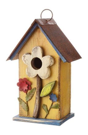 Glitzhome 10H Multicolor Cute Distressed Solid Wood Birdhouse with 3D Flowers in Yellow at Nordstrom, Size Medium