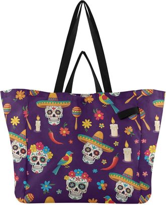 Generic Mexican Skull Purple pattern Reusable Canvas Tote Bag, Heavy Duty Grocery Shopping Bag with Hard Bottom Large Capacity Double Handles Work Groceries T