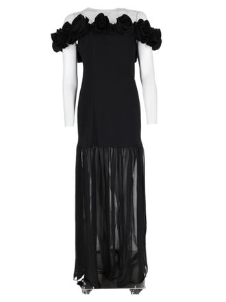 Rotate Off-Shoulder Midi Dress With Floral Neckline And Sheer Skirt