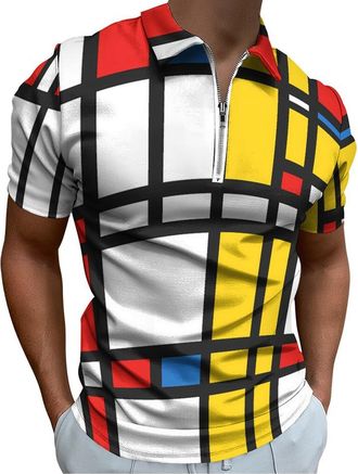 Generic Mondrian Style Graphic Mens Polo Shirt Zippered Short Sleeve Golf T-Shirt Collared Tee Summer Top