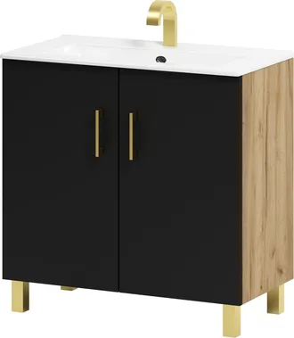 OEM Mueble De Ba&ntilde;o Viki 80 Con Lavabo, Roble Artesanal Negro/dorado