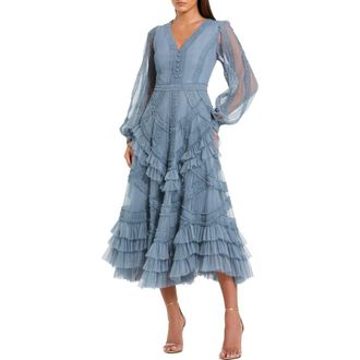 Mac Duggal Long Sleeve V Neck Mesh Micro Ruffle Midi Dress in Slate Blue at Nordstrom, Size 16