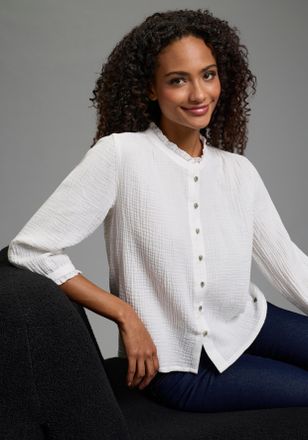 Kangaroos R&uuml;schenbluse KANGAROOS, Damen, Gr. 34, off, wei&szlig;, Web, Obermaterial: 100% Baumwolle, bequem h&uuml;ftlang, Rundhals, R&uuml;schen, Blusen R&uuml;schenbluse, h&uuml;ftlang