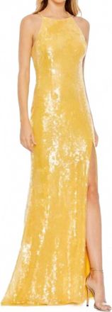 Mac Duggal Sequined Cowl Neck High Slit Evening Gown In Yellow