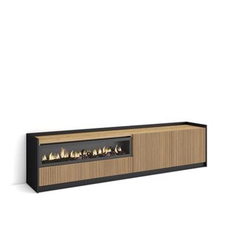 Skraut Home Mueble tv efecto madera roble y negro 207x37x50 chimenea efecto fuego