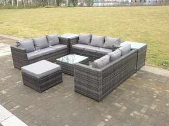 Fimous 10 Seater U Shape Rattan Sofa Set Outdoor Garden Furniture Patio With 3 Table in Dark Grey