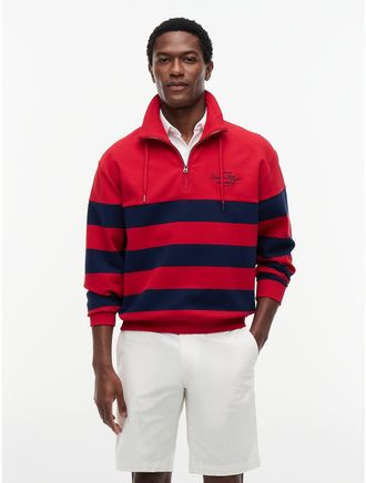Tommy Hilfiger Mens Breton Stripe Quarter-Zip Sweatshirt - Medium Red - L