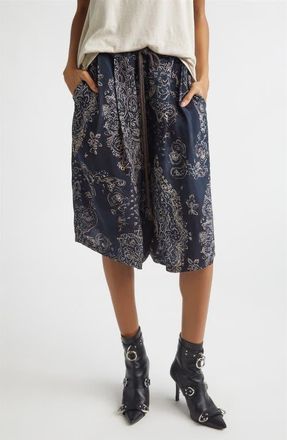 R13 Pleated Jumbo Drawstring Waist Cupro Shorts in Blue Medallion Print at Nordstrom, Size X-Small