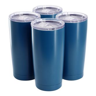 Gibson Home Marina 4 Piece 18 Ounce Double Wall Stainless Steel Thermal Tumbler with Acrylic Lid in Matte Blue