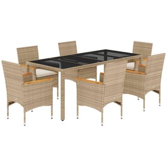 vidaXL Set Comedor Jard&iacute;n 7 Pzas Cojines Rat&aacute;n Sint&eacute;tico Vidrio Beige Vidaxl