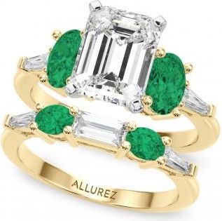 Allurez Emerald Cut Lab Grown Diamond & Oval Emerald Bridal Set 18K Yellow Gold (4.65ct)