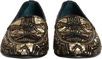 Dolce & Gabbana Mens Black Gold Embellished Slip On Loafers Shoes Leather