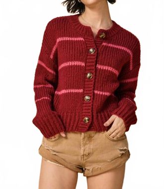 Dress Forum Fluffy Striped Button Down Cardigan In Burgundy / Pink