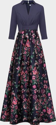 Kay Unger Marceline Floral-Jacquard Shirtwaist Gown