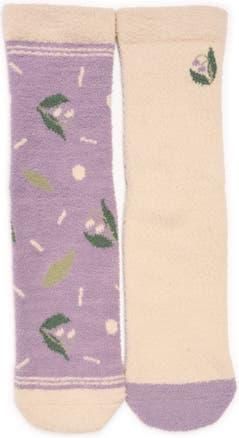 Muk Luks Cozy Compression Gripper Crew Socks 2 Pair Pack in Cream/purple at Nordstrom