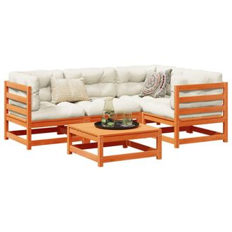 vidaXL Set De Sof&aacute;s Jard&iacute;n 5 Pzas Con Cojines Madera Pino Marr&oacute;n Cera Vidaxl