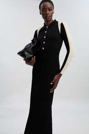 Karen Millen Womens Petite Rib Knit Military Colour Block Midi Dress - Black polyamide - Size X-Small