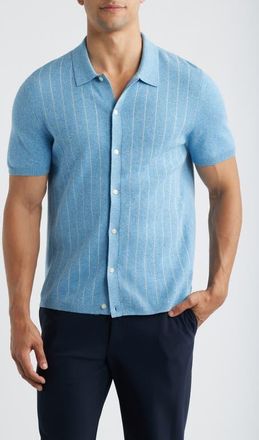 Reigning Champ Piazza Stripe Cotton & Linen Blend Button-Up Shirt in Gulf-Ivory at Nordstrom, Size Xx-Large