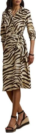 Lauren Ralph Lauren Zebra Print Tie Waist Long Sleeve Crepe Shirtdress in Cream/Brown at Nordstrom, Size 14