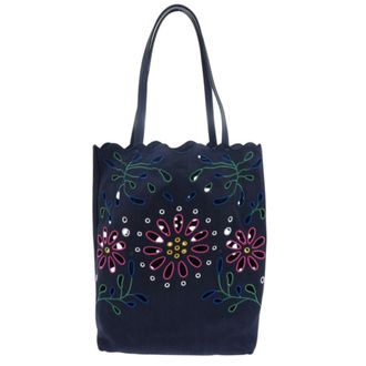 Chlo&eacute; Green Navy Pink Linen Pouch Tote Bag (Pre-Owned)