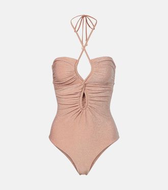 Johanna Ortiz Cutout ruched halterneck lam&eacute; swimsuit