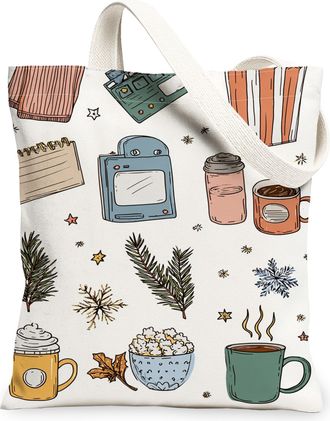 Generic Winter Coffee Canvas Tote Bags, Artistic Warm Drink Pattern Reusable Grocery Bags, Lightweight Washable Shoulder Strap Canv, White, 13x15 Inch