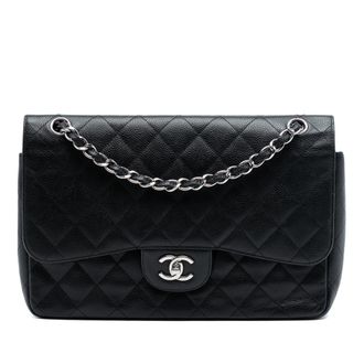 Chanel Pre-owned Womens Jumbo Classic Caviar Double Flap - Black Leather - One Size