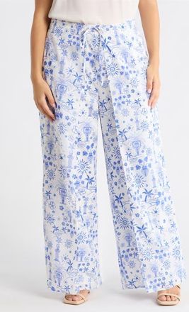 Sugarlips Azul Tropics Nature High Waist Wrap Pants in Blues-White at Nordstrom, Size 3 X