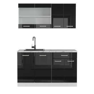 Vicco Cocina Para Solteros R-line, Negro Brillo Intenso, 140 Cm, Et M&aacute;rmol