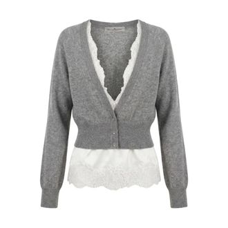 Ermanno Scervino Truien & Vesten, Dames, Grijs, M, Kasjmier, Cardigan met V-hals en kanten rand