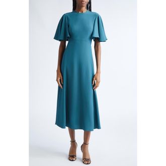 Michael Kors Flutter Sleeve Crepe Cady Midi Dress in Teal at Nordstrom, Size 12