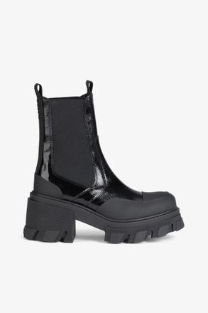Ganni Cleated Heeled Mid Chelsea Boots in Black Naplack - Size 10