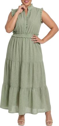London Times Ruffle Trim Tiered Maxi Dress in Olive/Ivory at Nordstrom Rack, Size 18W