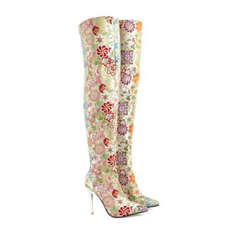 Generic Gold,7.5 UK,Thigh High Boots Over The Knee Boot for Women 4.3 inch Stilettos High Heels Boots Vintage Embroidered Long Pointed Toe Dress Shoes
