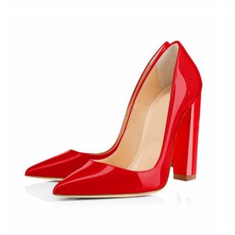 Generic Women Slip-On Chunky Pumps, Fashion Pointed Toe Dress Block Court Shoes, Comfort Closed Toe Leather Party Work High Heels Shoes,Red,2.5 UK