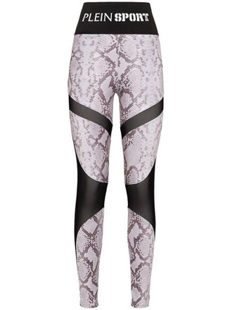 Plein Sport logo-waistband snakeskin-print leggings - women - Elastane/Polyester - S - Neutrals