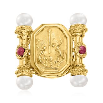 Ross-Simons Italian Tagliamonte 5-5.5mm Cultured Pearl and. Ruby Cameo-Style Ring in 18kt Gold Over Sterling