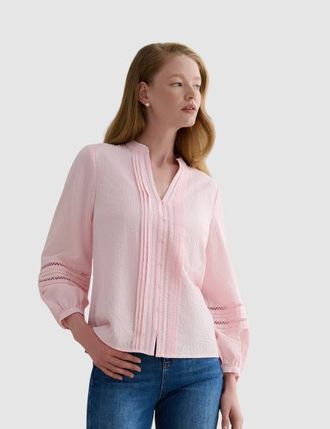 Hobbs London Lucilla Pintuck Mandarin Collar Blouse in Blush Pink at Nordstrom, Size 14
