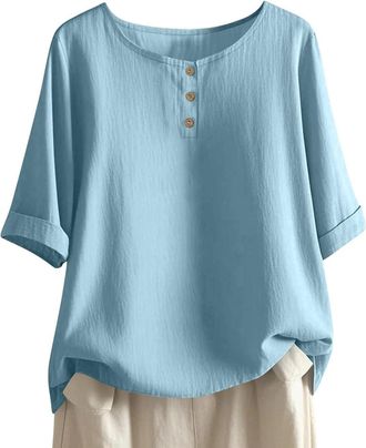 Generic Linen Shirt for Women UK Half Sleeve T-Shirt Elegant Round Neck Button Front Blouse Loose Fit Cotton Linen Shirts Womens Solid Color Roll Up Blouses F